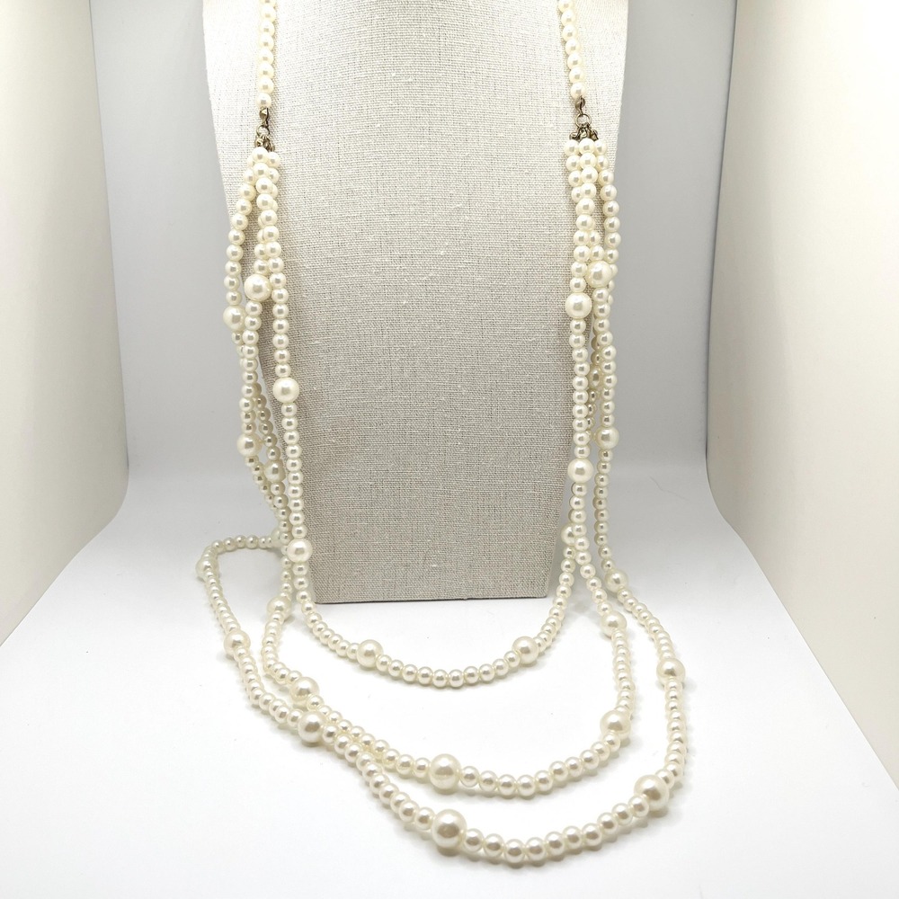 Vintage 40" Long Opera Flapper Length Faux Pearl Multi Triple Strand Necklace